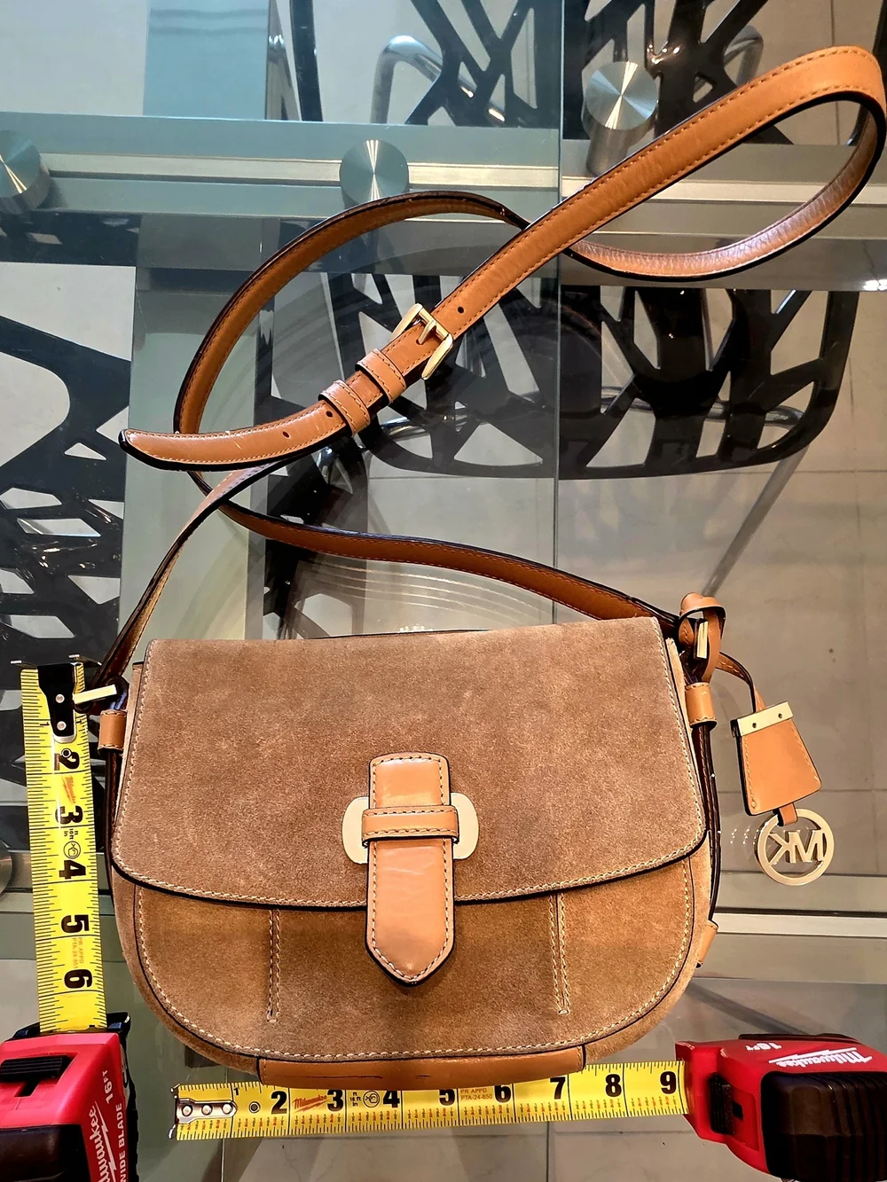 Michael Kors Tan Suede Leather Shoulder Bag - Gold Hardware, Buckle, MK Charm - Picture 11 of 12